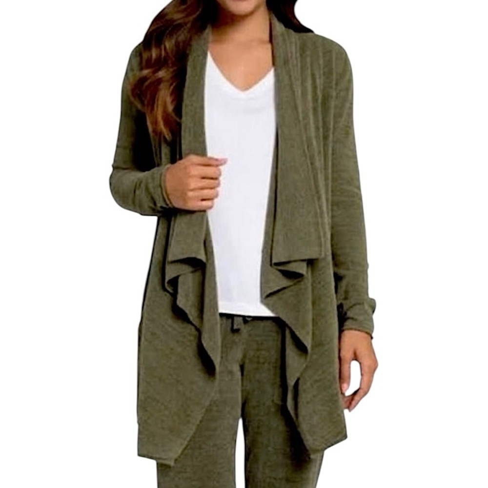Barefoot Dreams CozyChic Ultra Lite Hi Lo Cardigan Sweater Olive Green Size L/XL